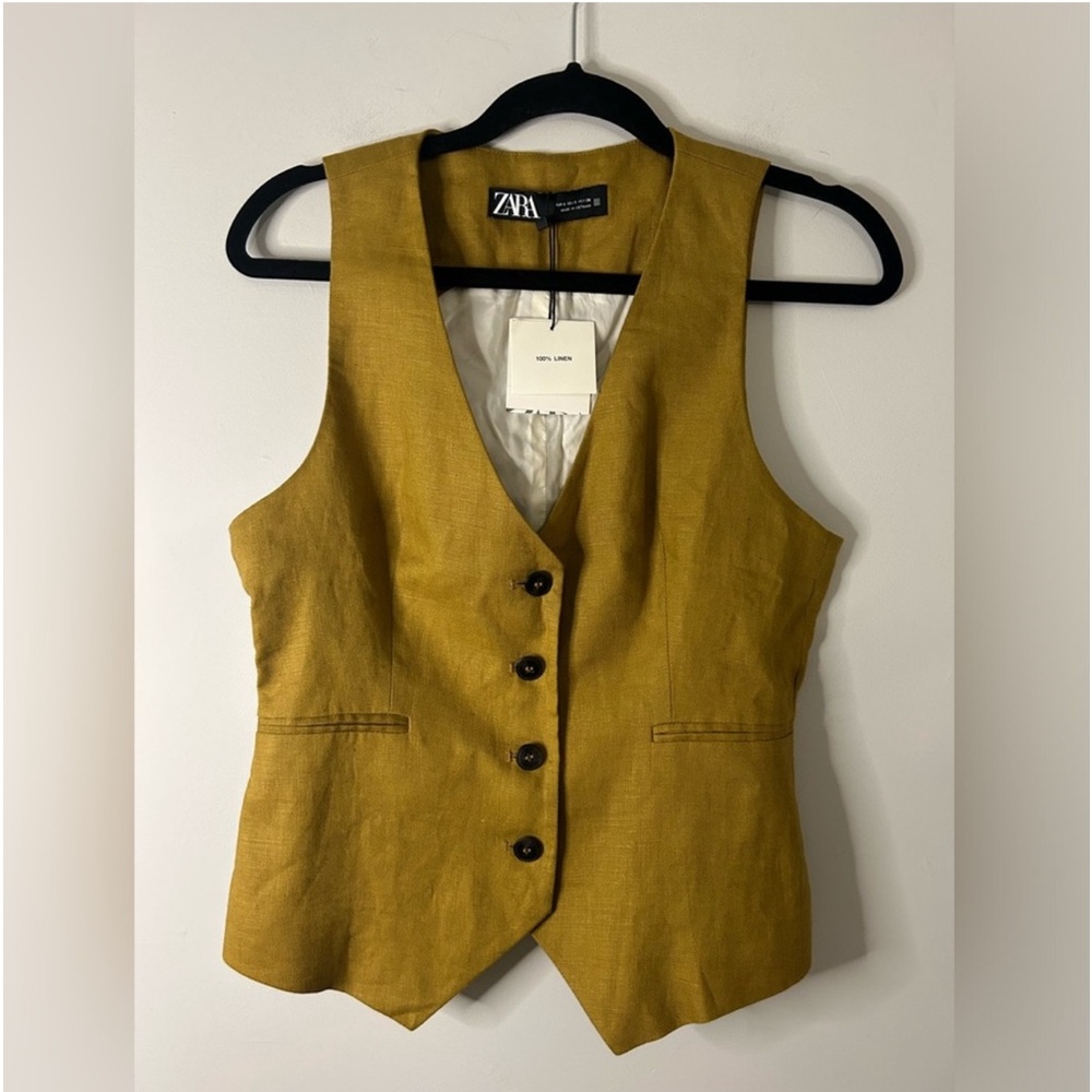 NWT Zara 100% Linen Yellow Brown Vest